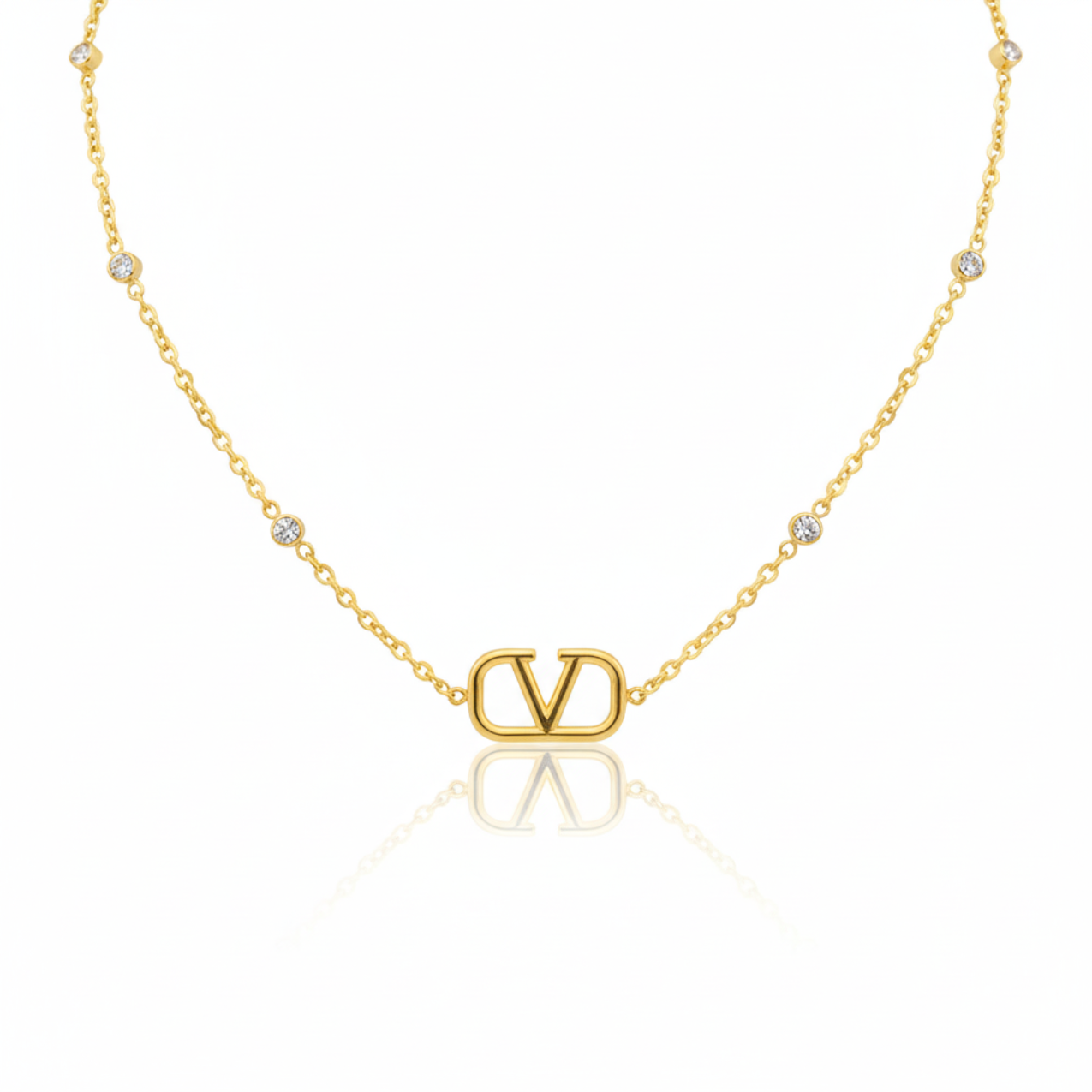 Initial 'V' Necklace and Earrings Set with Zirconia - 100% 18K Gold Plated Steel