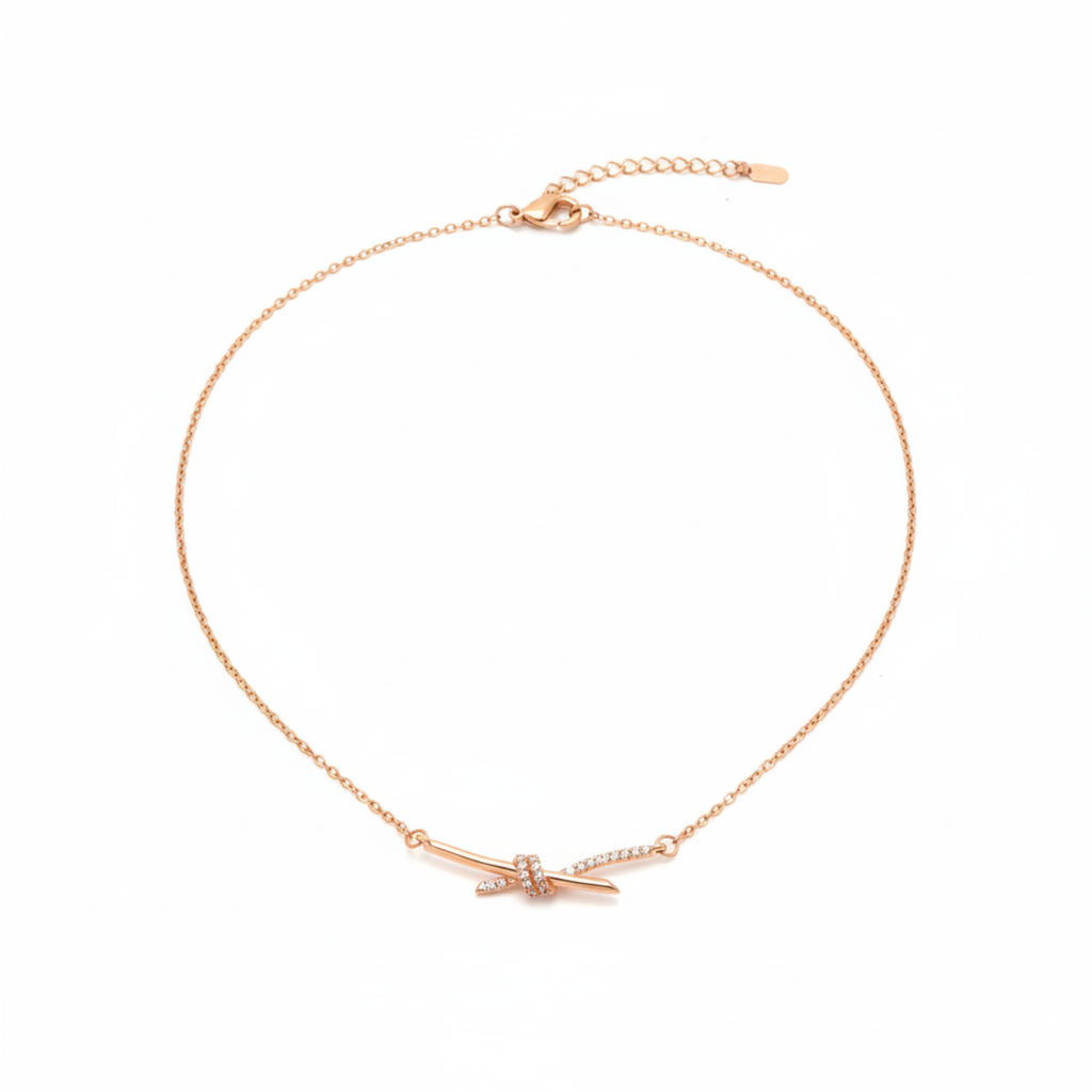 Collar de Acero Chapado en Oro Rosa de 18K 100% con Colgante de Nudo con Zirconias