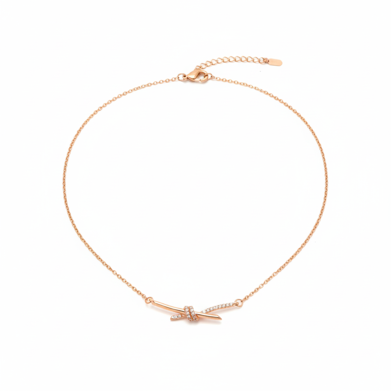 Collar de Acero Chapado en Oro Rosa de 18K 100% con Colgante de Nudo con Zirconias