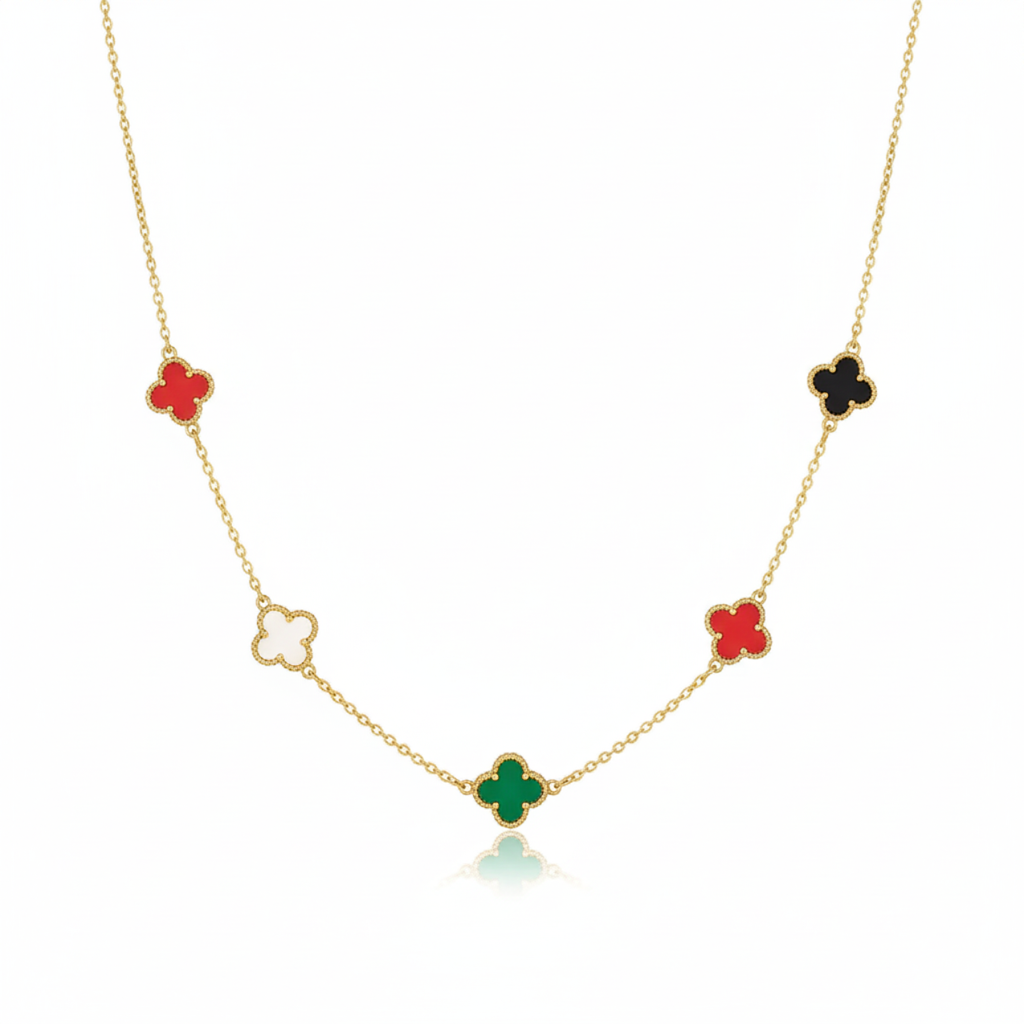 Collar Largo de Tréboles de Cuatro Hojas Multicolores - 100% Acero Bañado en Oro 18K
