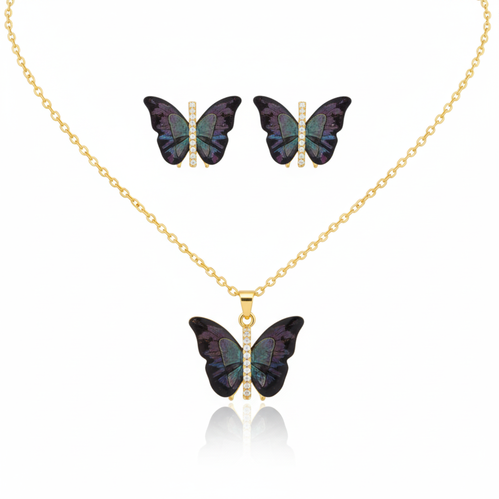 Conjunto Collar y Pendientes de Mariposa con Alas Esmaltadas Multicolores y Circonitas - 100% Acero Bañado en Oro 18K