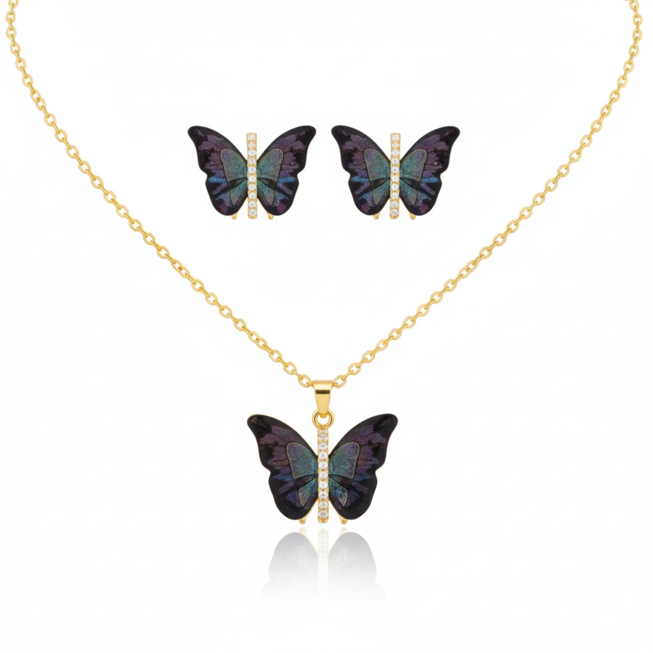 Conjunto Collar y Pendientes de Mariposa con Alas Esmaltadas Multicolores y Circonitas - 100% Acero Bañado en Oro 18K
