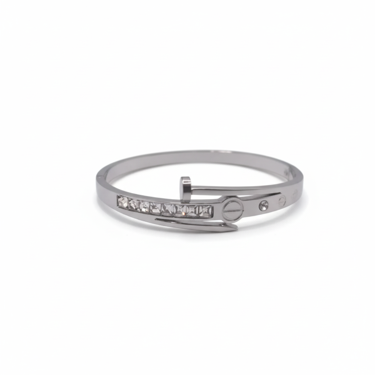 Bracelet rigide pour ongles orné de zirconiums cubiques, 100 % acier inoxydable, couleur argent.