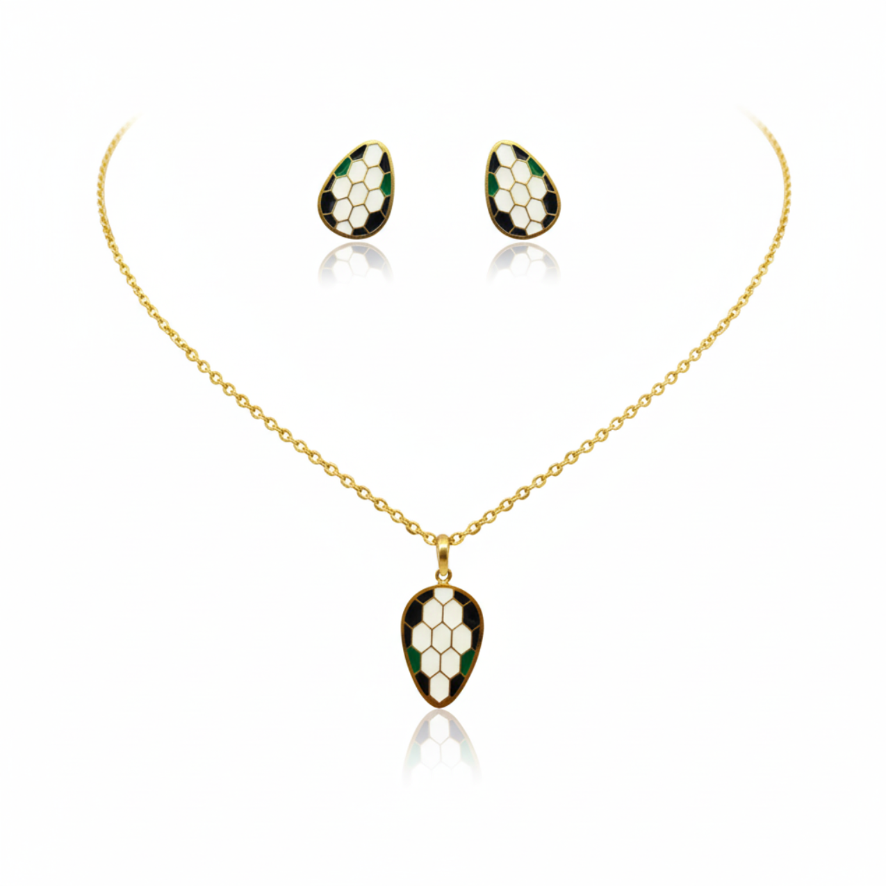 Enameled Honeycomb Design Necklace and Earrings Set - 100% 18K Gold Plated Steel