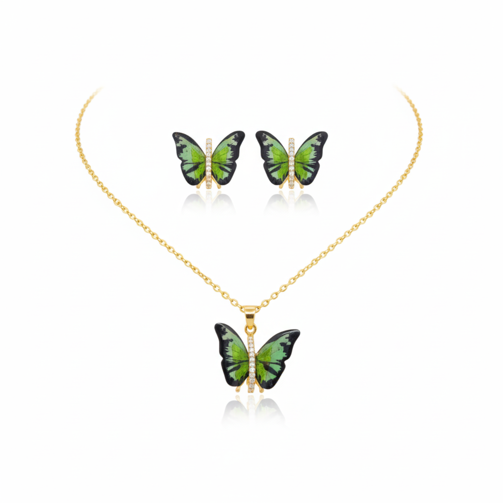 Ensemble collier et boucles d'oreilles papillon avec ailes émaillées vertes et zircones - 100 % acier plaqué or 18 carats