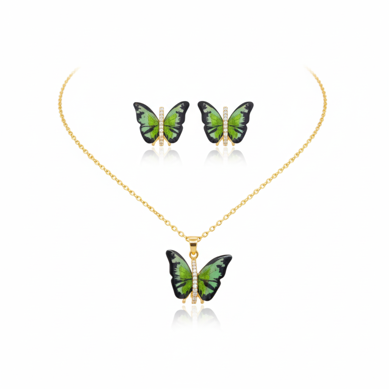 Butterfly Necklace and Earrings Set with Green Enameled Wings and Zirconia - 100% 18K Gold Plated Steel