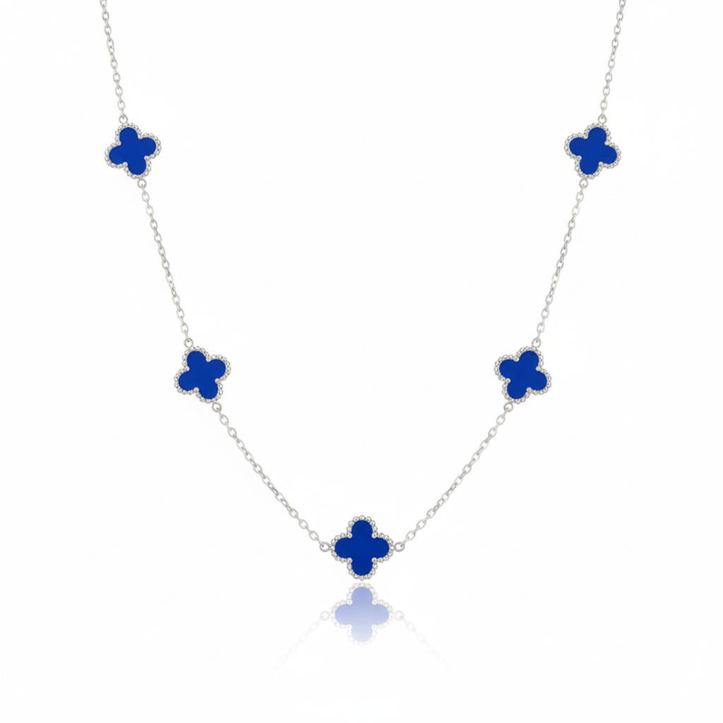 Collar de Trébol Azul 100% Acero Inoxidable Color Plata