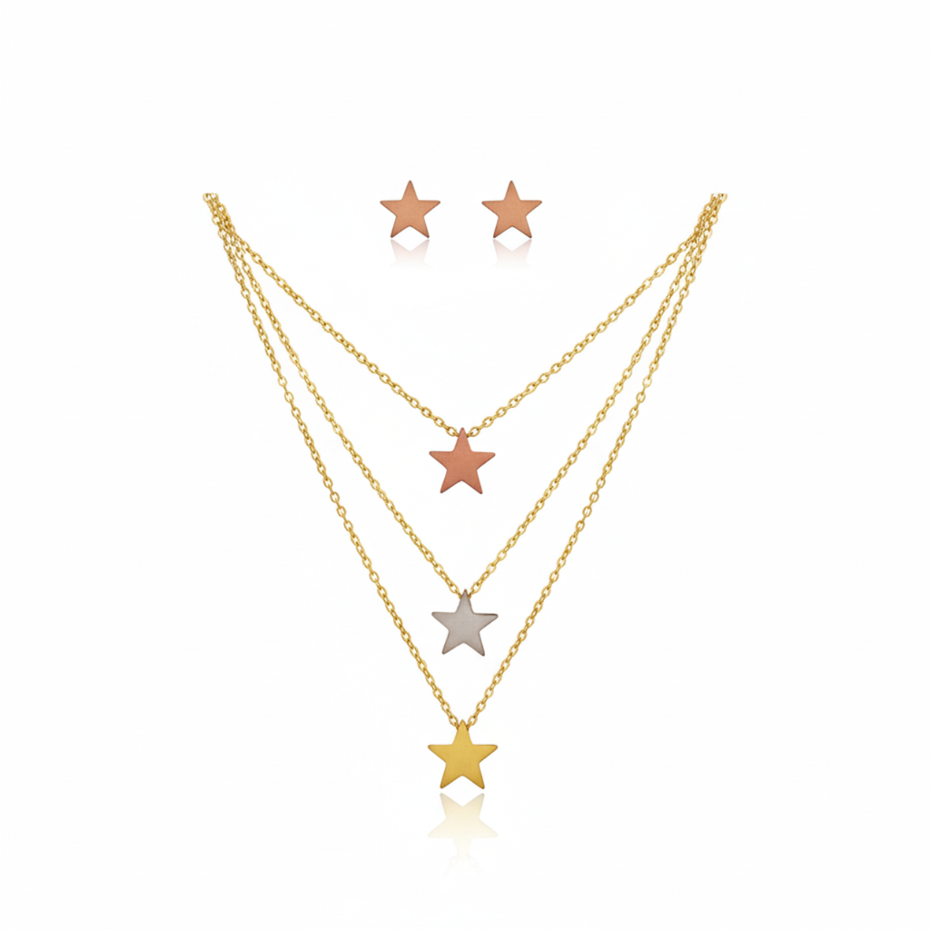 Three-chain necklace set with stars and matching earrings - 100% 18K gold-plated steel