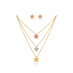 Three-chain necklace set with stars and matching earrings - 100% 18K gold-plated steel