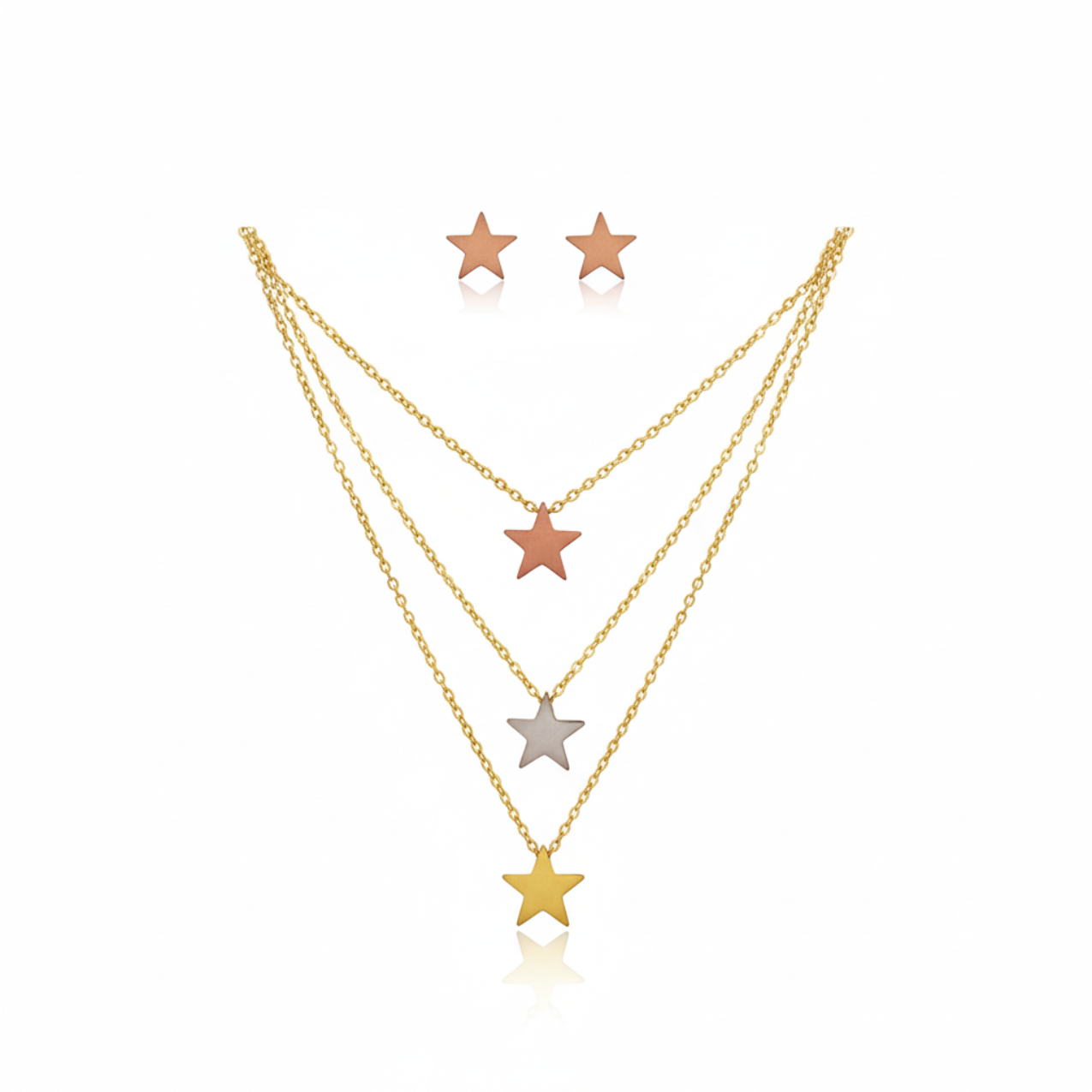 Three-chain necklace set with stars and matching earrings - 100% 18K gold-plated steel