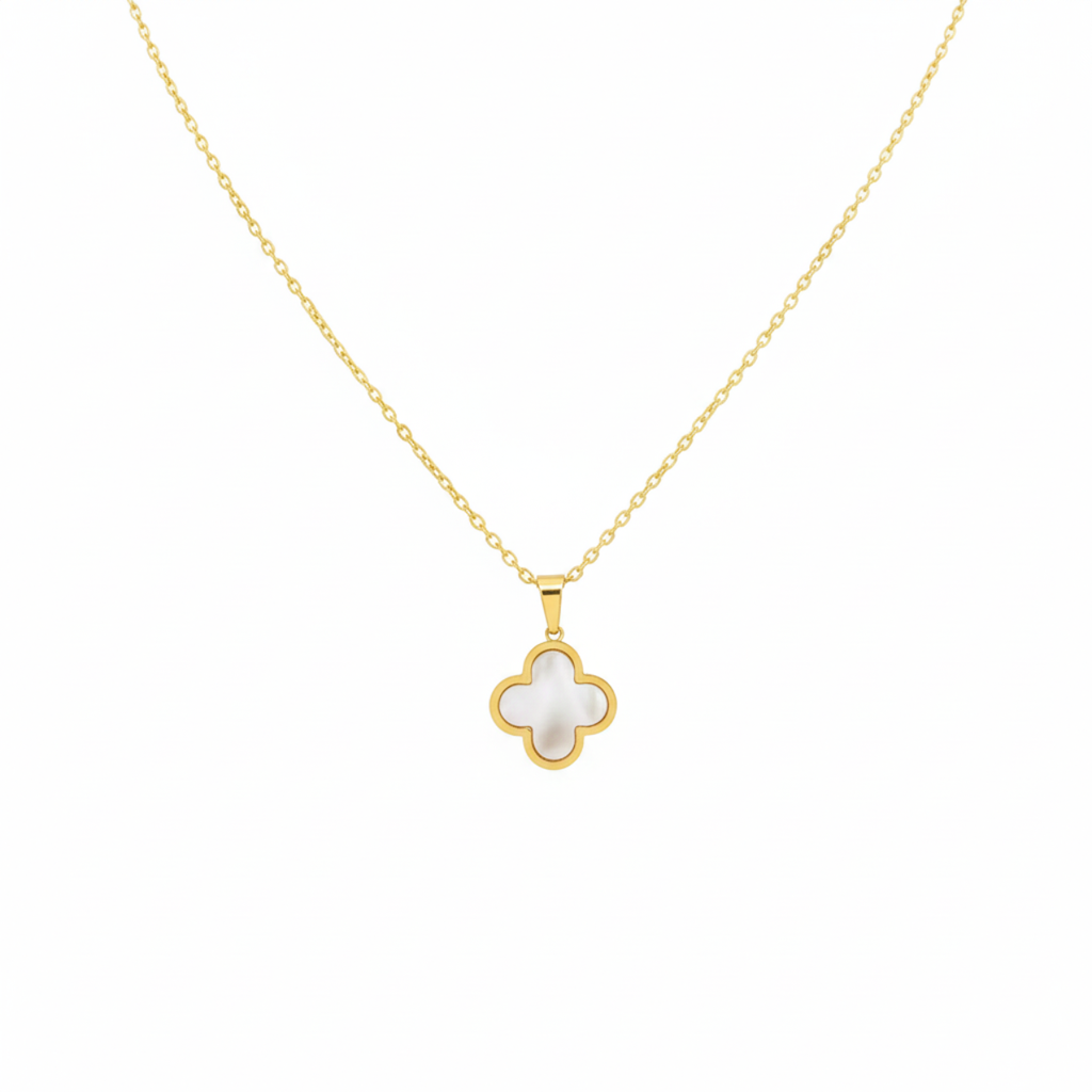 Collar con Colgante de Trébol Blanco Nácar 100% Acero Bañado en Oro 18K