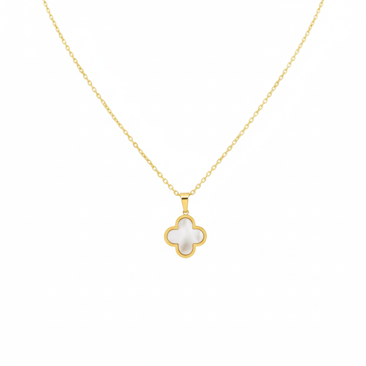 Collar con Colgante de Trébol Blanco Nácar 100% Acero Bañado en Oro 18K