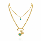 Collar de Doble Capa con Mosquetón y Charms Turquesa 100% Acero Bañado en Oro 18K