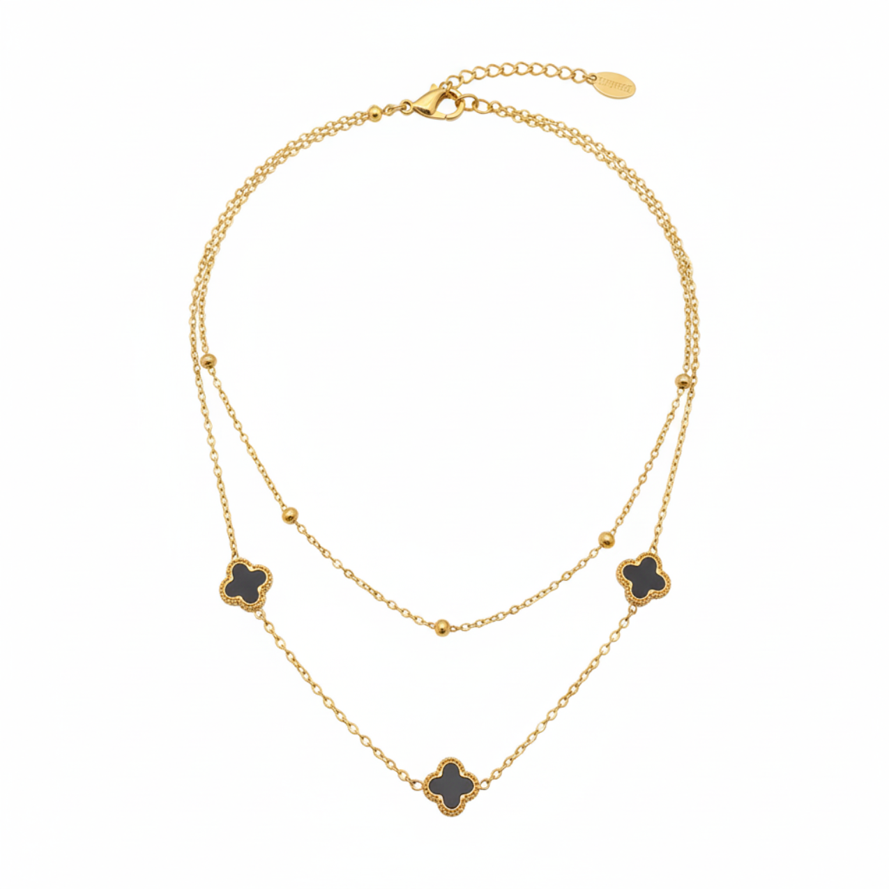 Collar Doble Cadena con Tréboles Negros y Bolitas - 100% Acero Bañado en Oro 18K