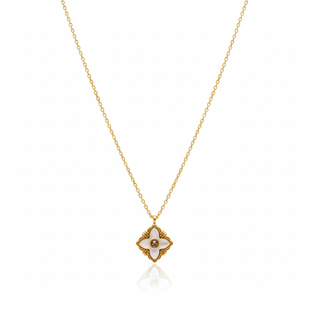 Four-Petal Flower Necklace with Mother-of-Pearl and Central Zirconia 100% 18K Gold Plated Steel