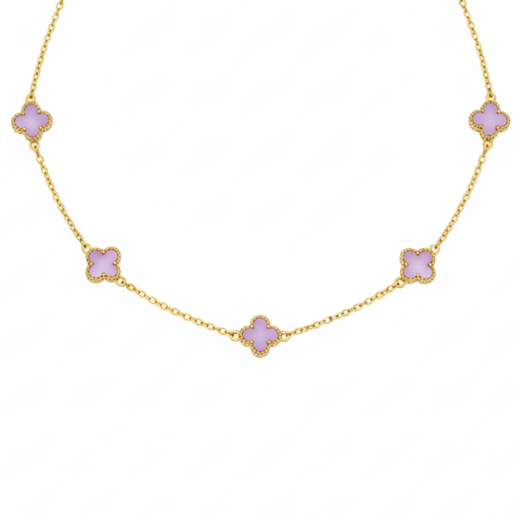 Collar de Acero Chapado en Oro de 18K 100% con Múltiples Tréboles Morados
