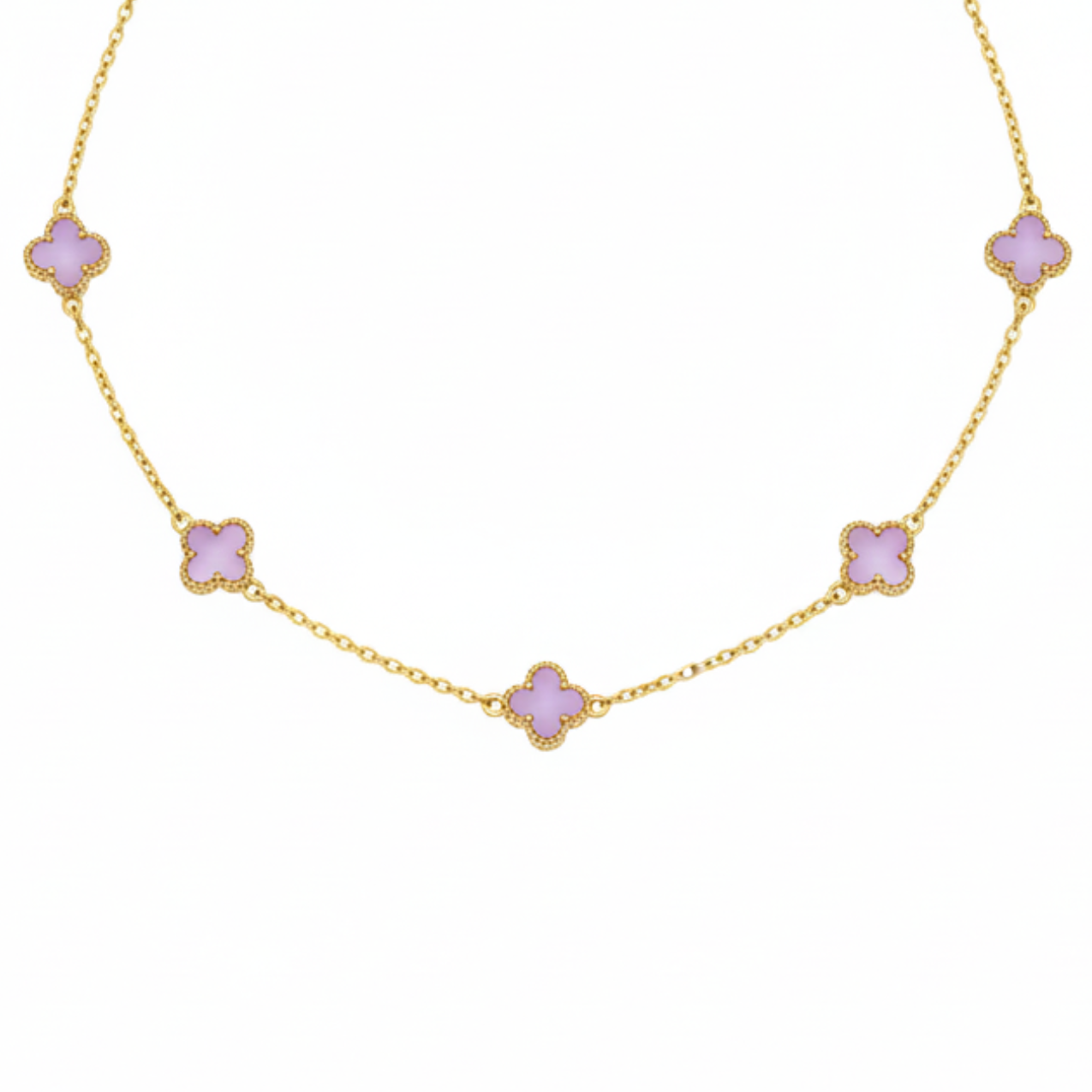 Collar de Acero Chapado en Oro de 18K 100% con Múltiples Tréboles Morados