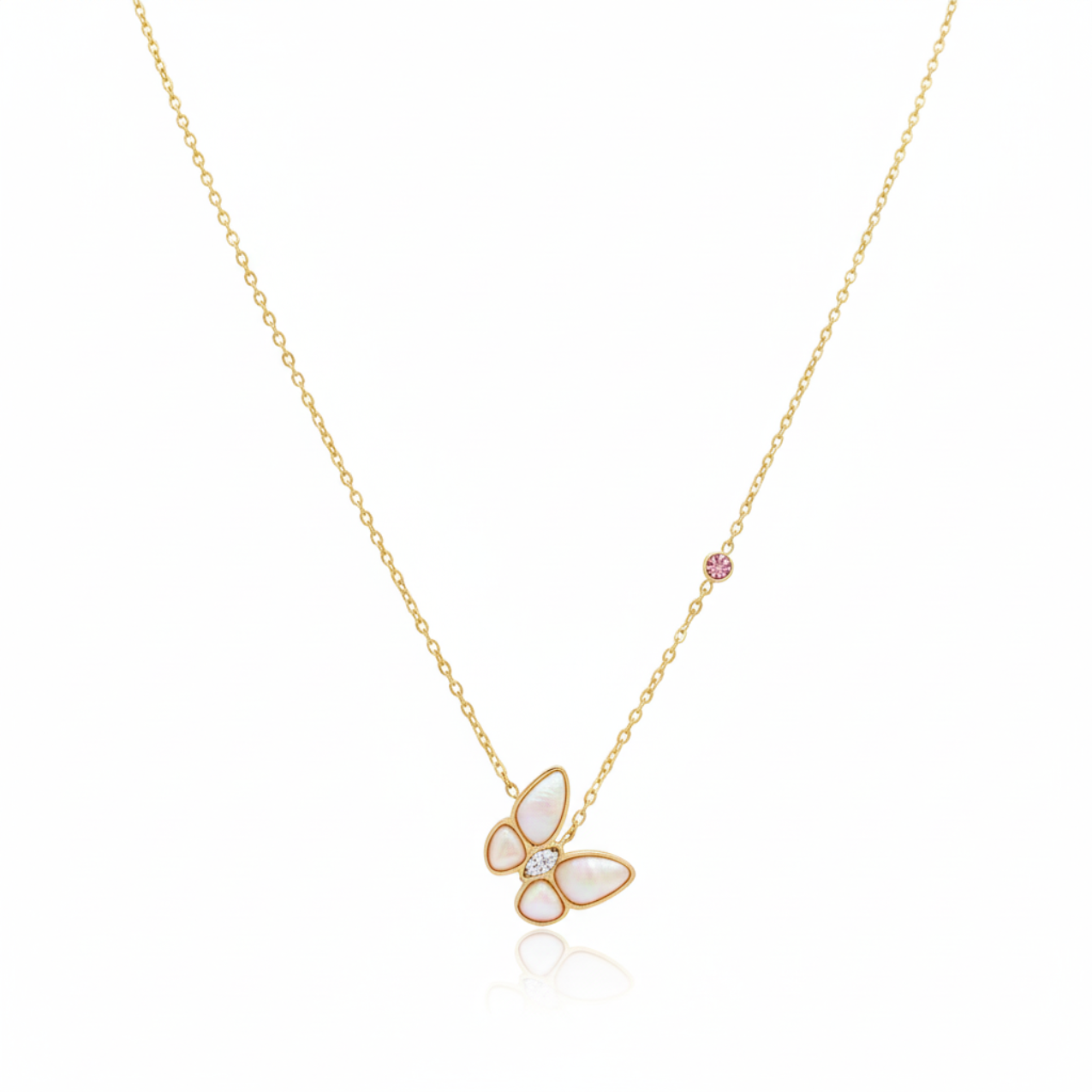 Collar Mariposa con Nácar y Circonita 100% Acero Bañado en Oro 18K