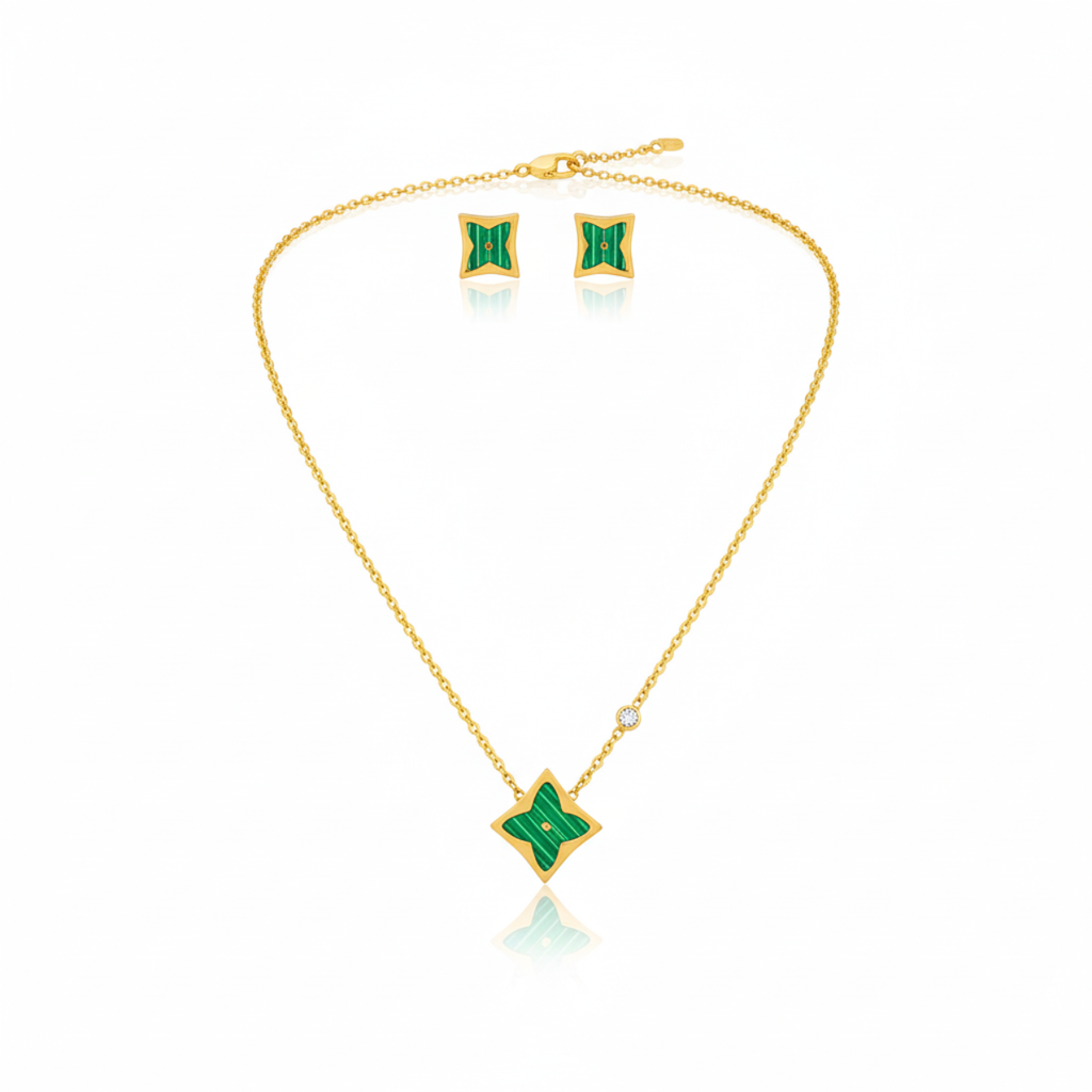 Conjunto Collar y Pendientes de Trébol Esmaltado Verde - 100% Acero Bañado en Oro 18K