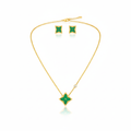 Conjunto Collar y Pendientes de Trébol Esmaltado Verde - 100% Acero Bañado en Oro 18K
