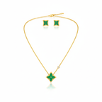 Conjunto Collar y Pendientes de Trébol Esmaltado Verde - 100% Acero Bañado en Oro 18K