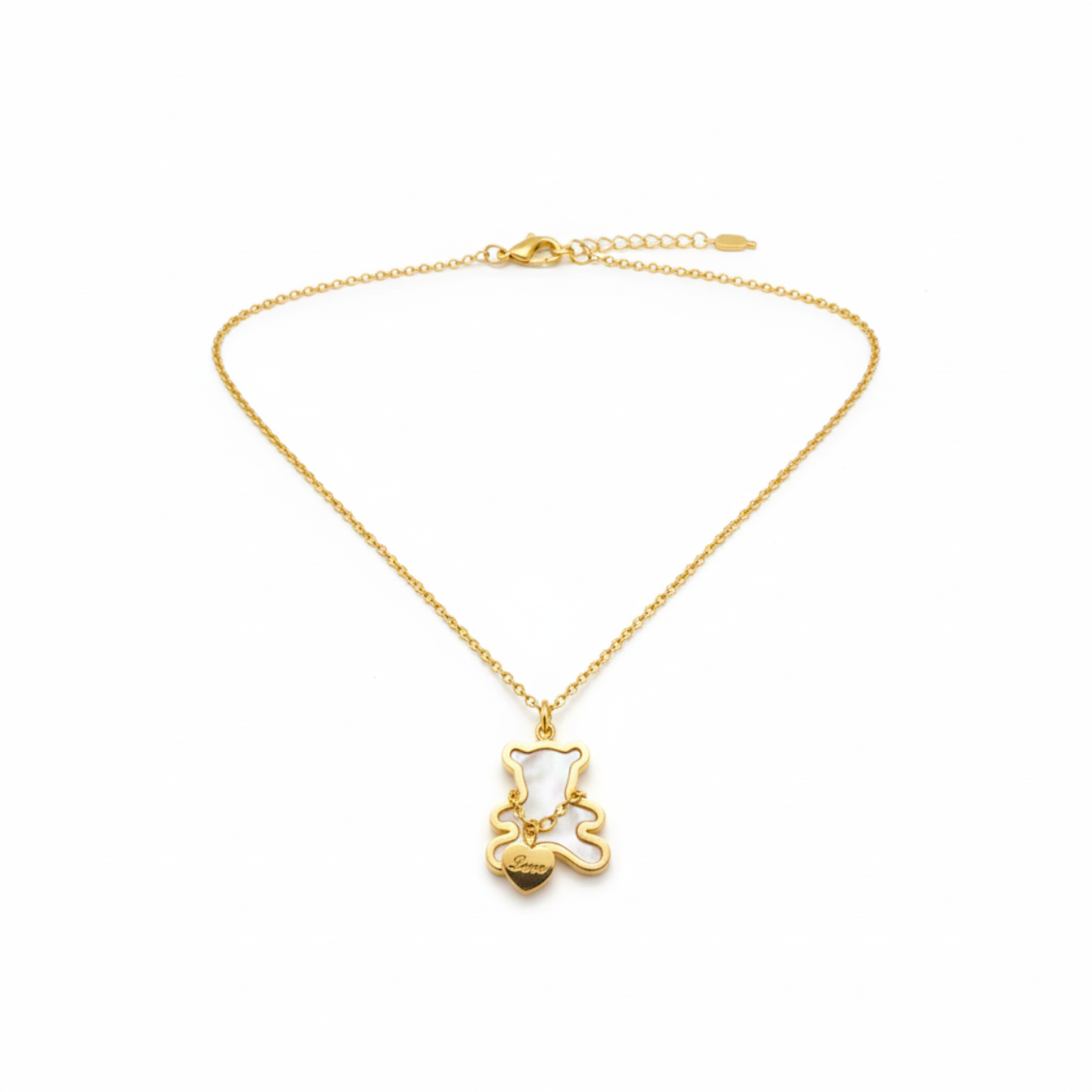 Collar de Acero Chapado en Oro de 18K 100% con Colgante de Oso y Corazón