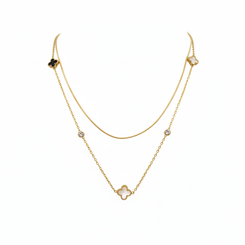 Collar Doble Cadena con Tréboles y Circonitas - 100% Acero Bañado en Oro 18K