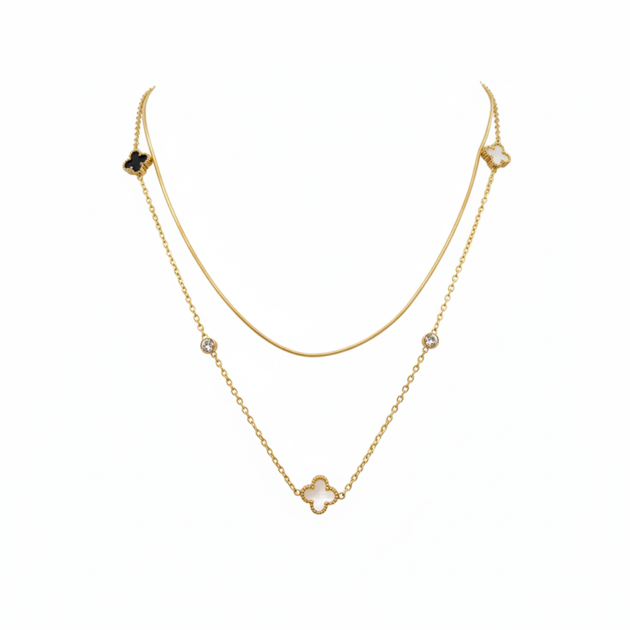 Collar Doble Cadena con Tréboles y Circonitas - 100% Acero Bañado en Oro 18K