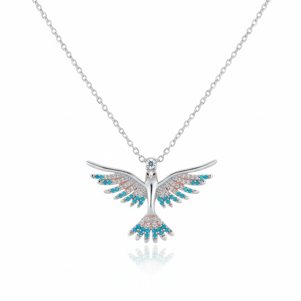 Collar de Paloma con Circonitas Turquesa 100% Acero Inoxidable Color Plata