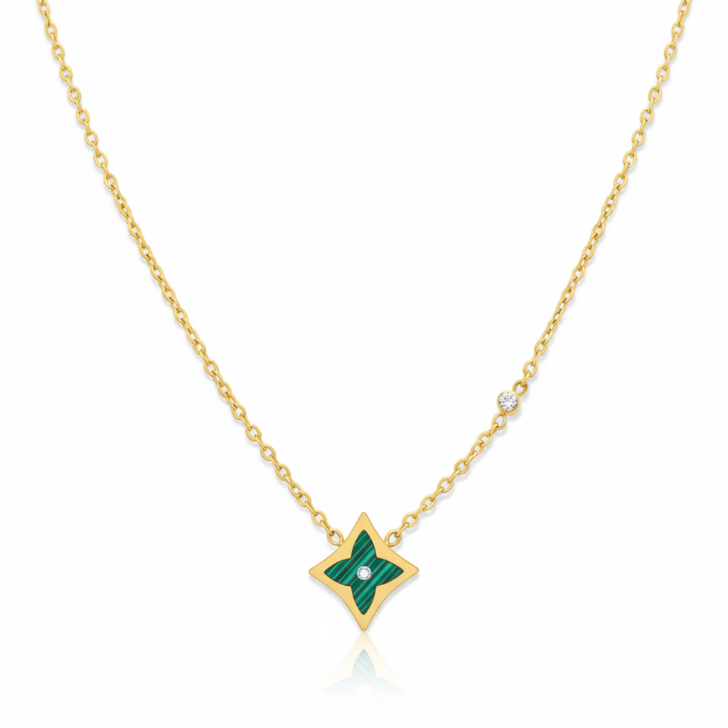 Conjunto con Colgante de Estrella Verde Malaquita 100% Acero Bañado en Oro 18K