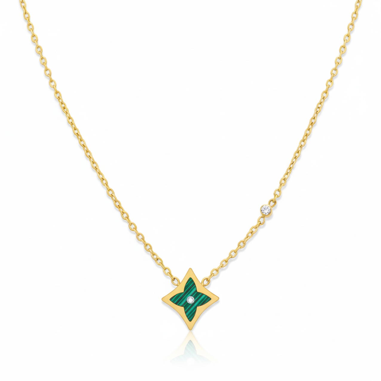 Conjunto con Colgante de Estrella Verde Malaquita 100% Acero Bañado en Oro 18K