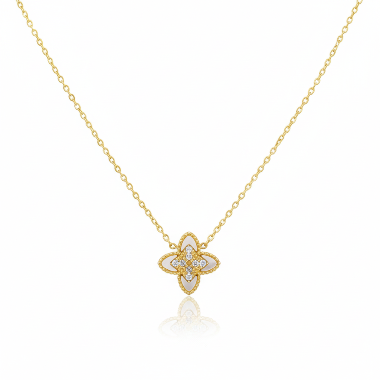 Collar con Colgante Flor de Cuatro Pétalos con Nácar y Circonitas 100% Acero Bañado en Oro 18K