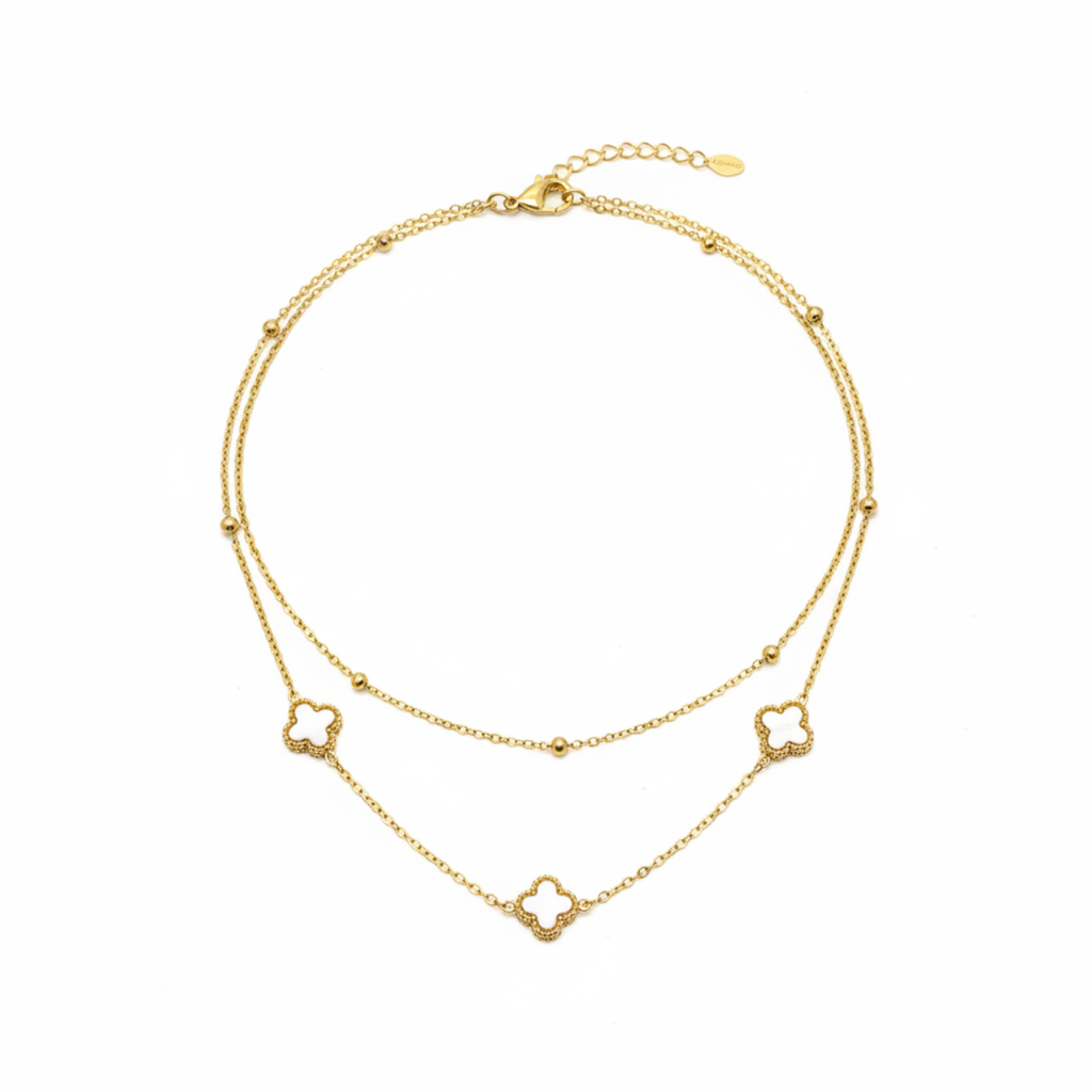 Collar Doble Cadena con Tréboles Blancos y Bolitas - 100% Acero Bañado en Oro 18K