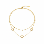 Collar Doble Cadena con Tréboles Blancos y Bolitas - 100% Acero Bañado en Oro 18K