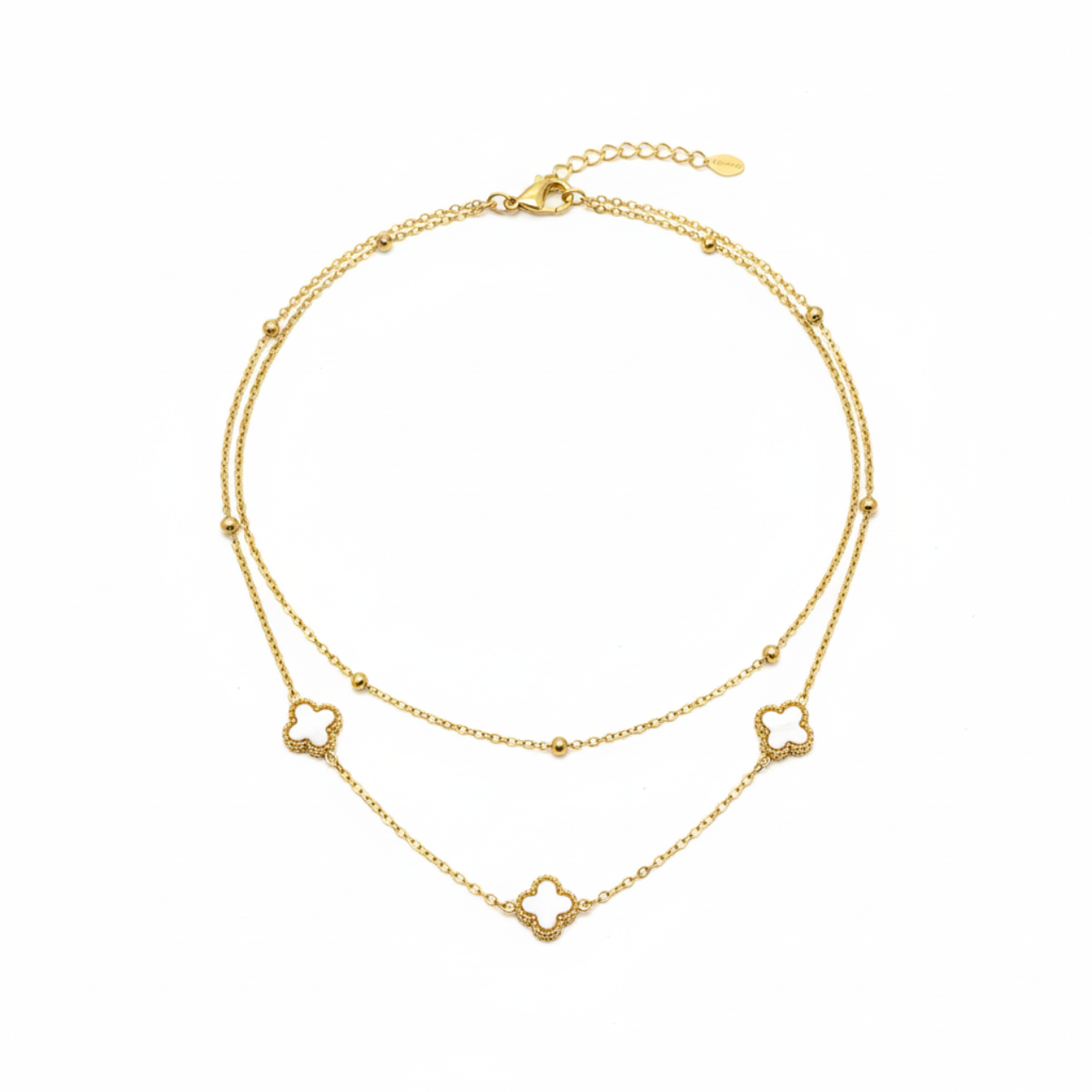 Collar Doble Cadena con Tréboles Blancos y Bolitas - 100% Acero Bañado en Oro 18K