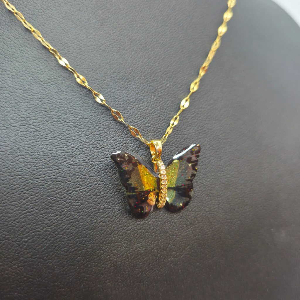 Collier papillon multi-tons en cristal et zircone avec ailes - 100 % acier plaqué or 18 carats