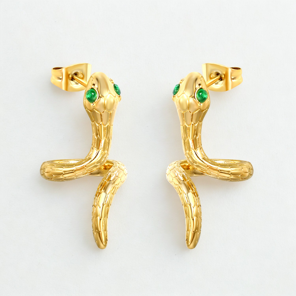 Boucles d'oreilles serpent doré aux yeux verts - Acier inoxydable plaqué or