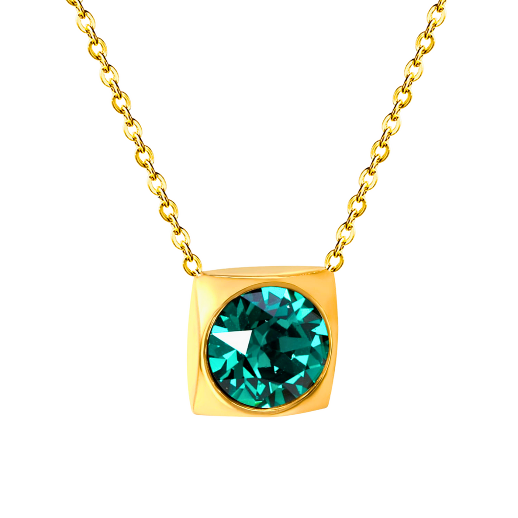 Collier pendentif carré avec cristal turquoise à facettes - 100 % acier plaqué or 18 carats