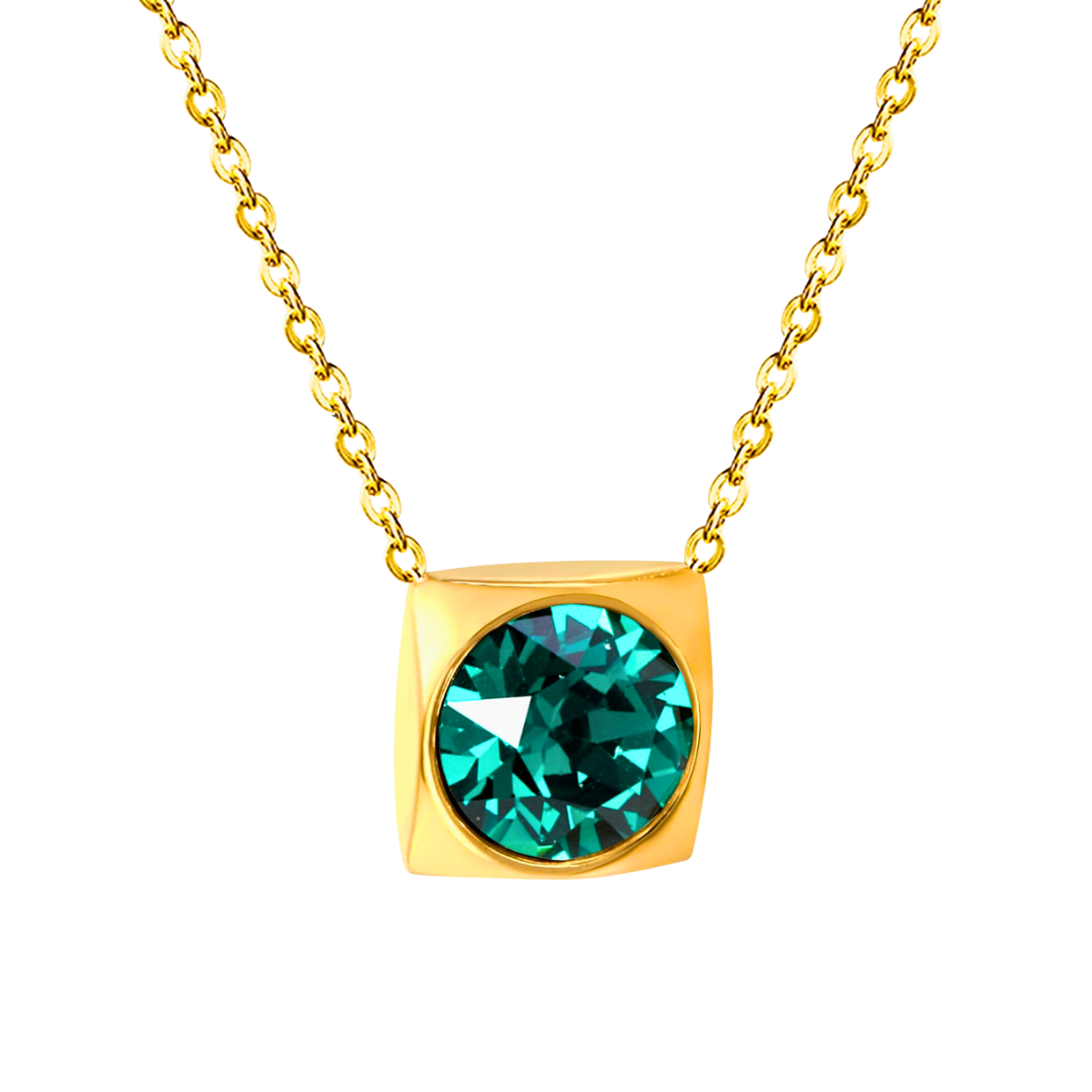 Collier pendentif carré avec cristal turquoise à facettes - 100 % acier plaqué or 18 carats