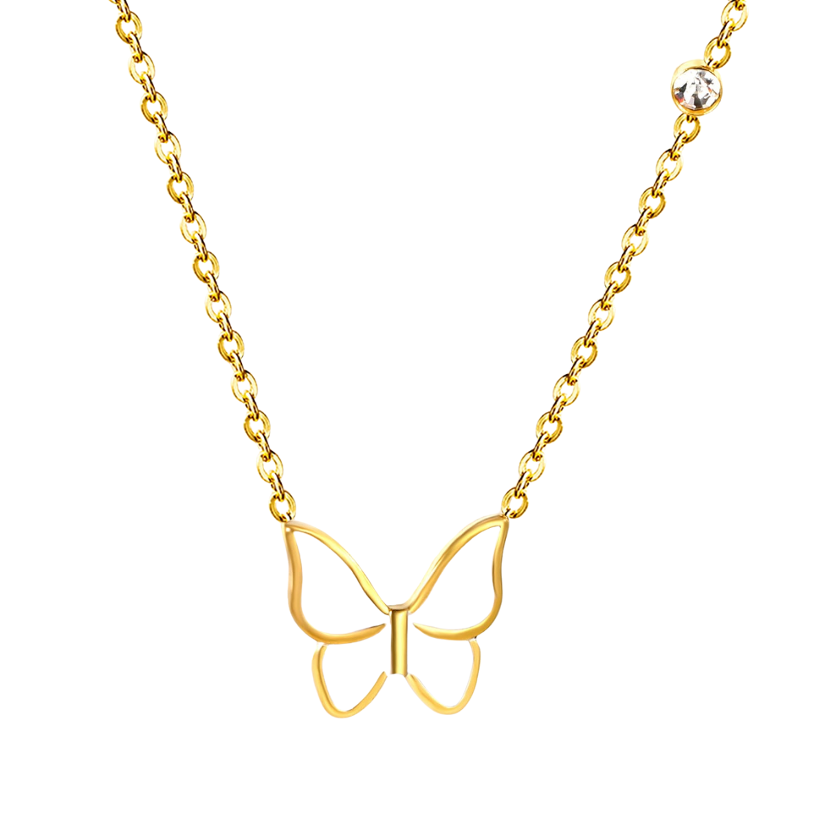 Collier pendentif papillon ajouré avec zircone - 100 % acier plaqué or 18 carats