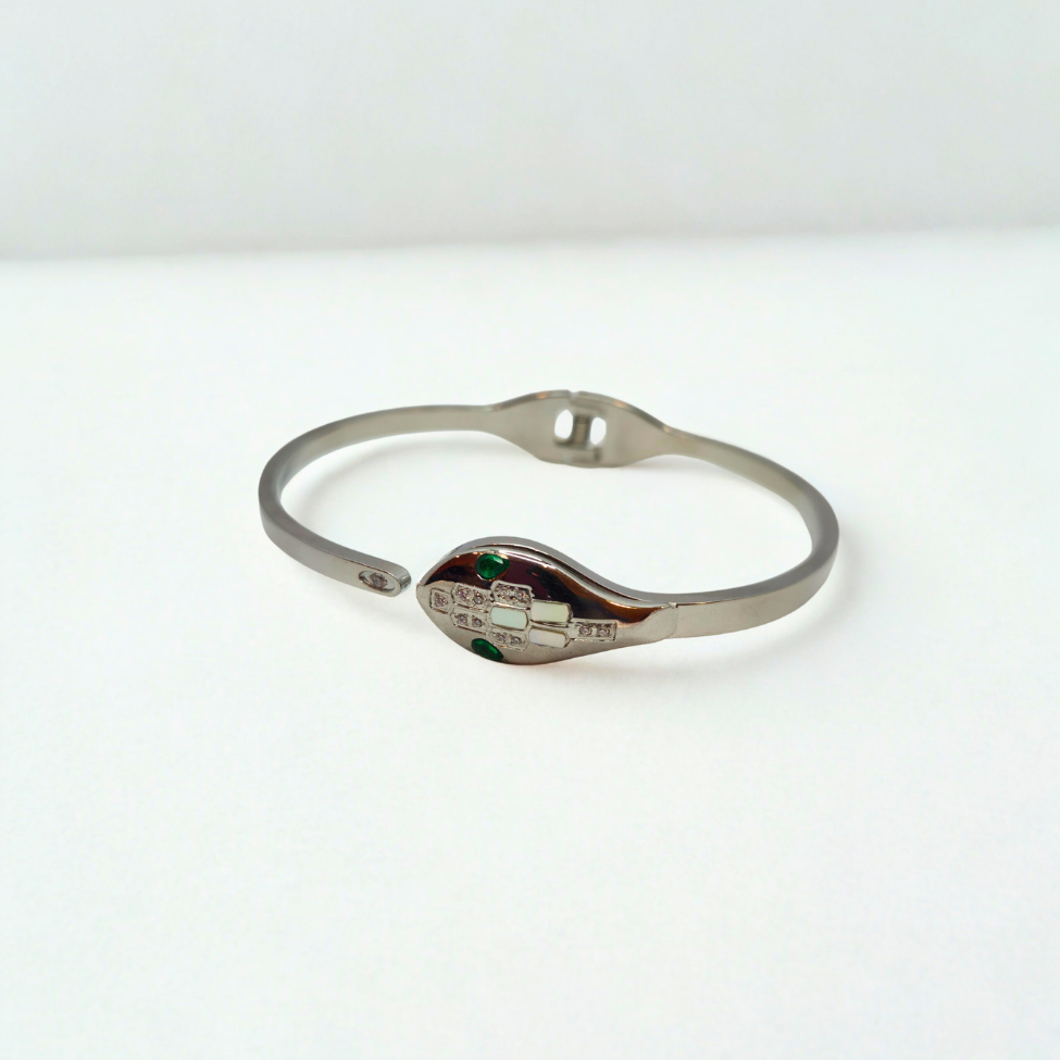 Bracelet rigide motif serpent avec émail et zircone - 100 % acier rhodié