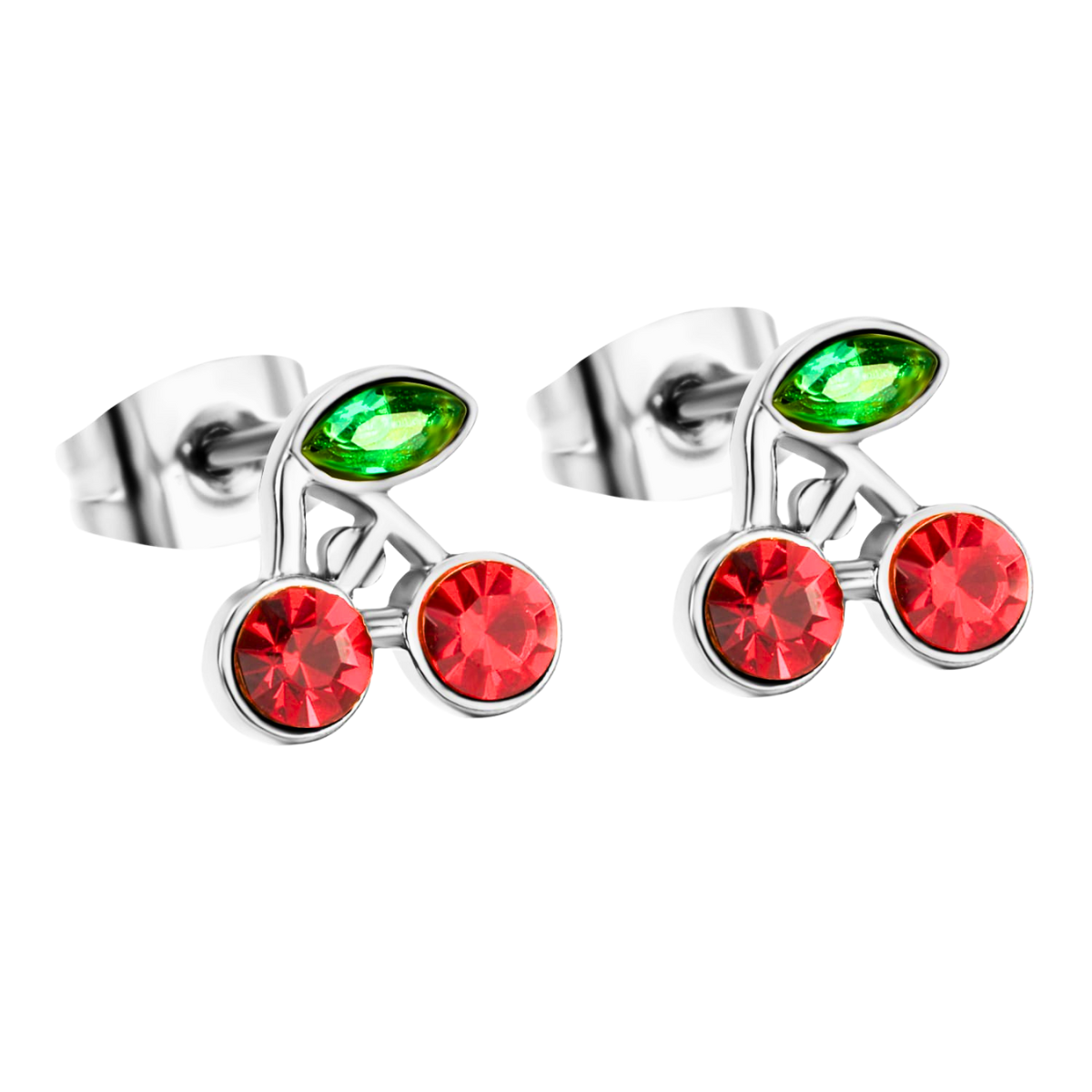 Pendientes de Botón Cerezas con Cristales Rojos y Verdes - Acero Inoxidable Quirúrgico