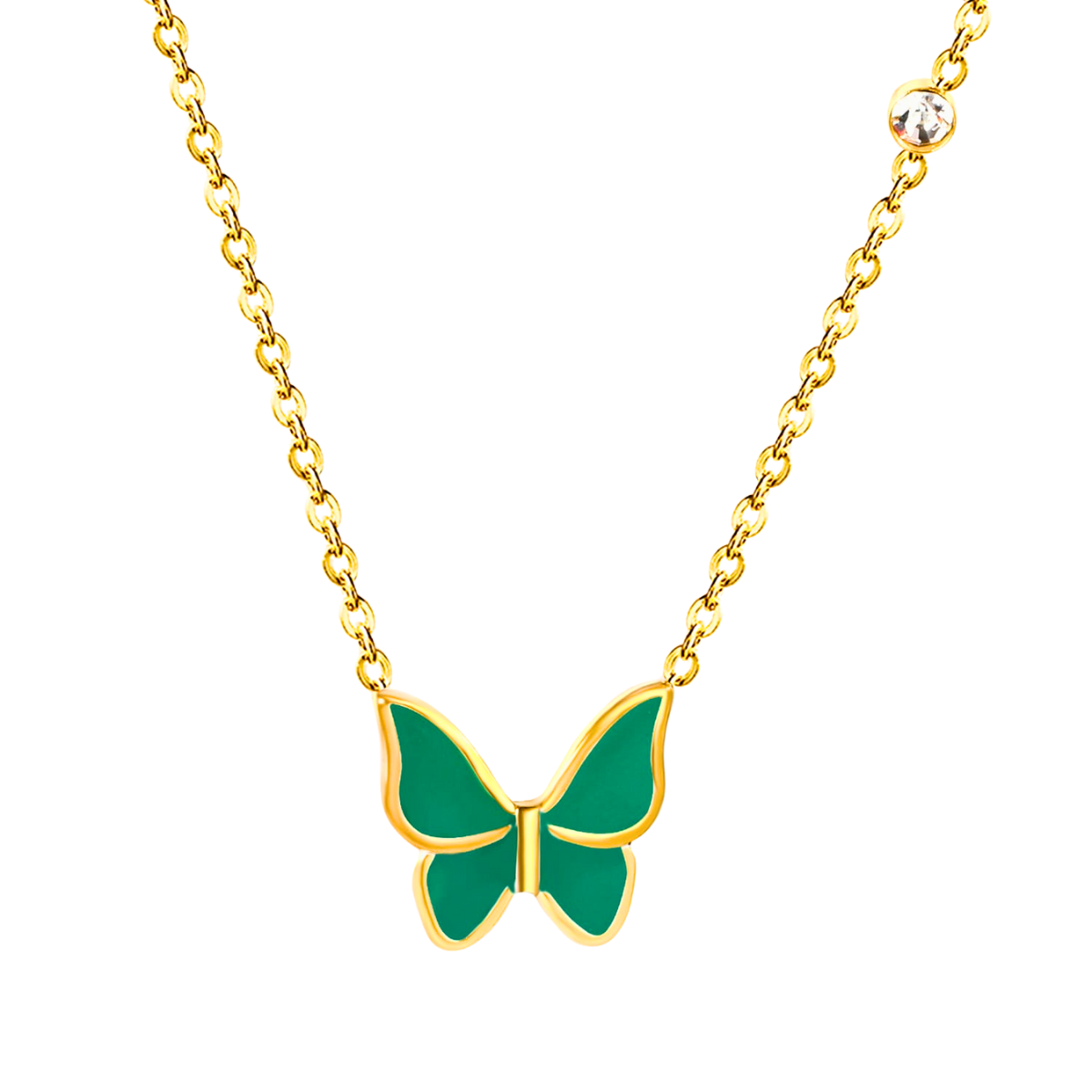 Collier pendentif papillon émaillé vert avec zircone - 100 % acier plaqué or 18 carats