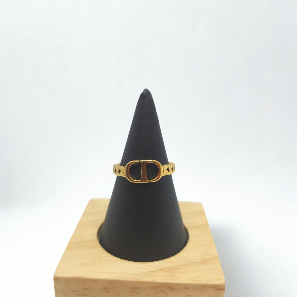 Initial "CD" Ring with Openwork Details - 100% 18K Gold Plated Steel