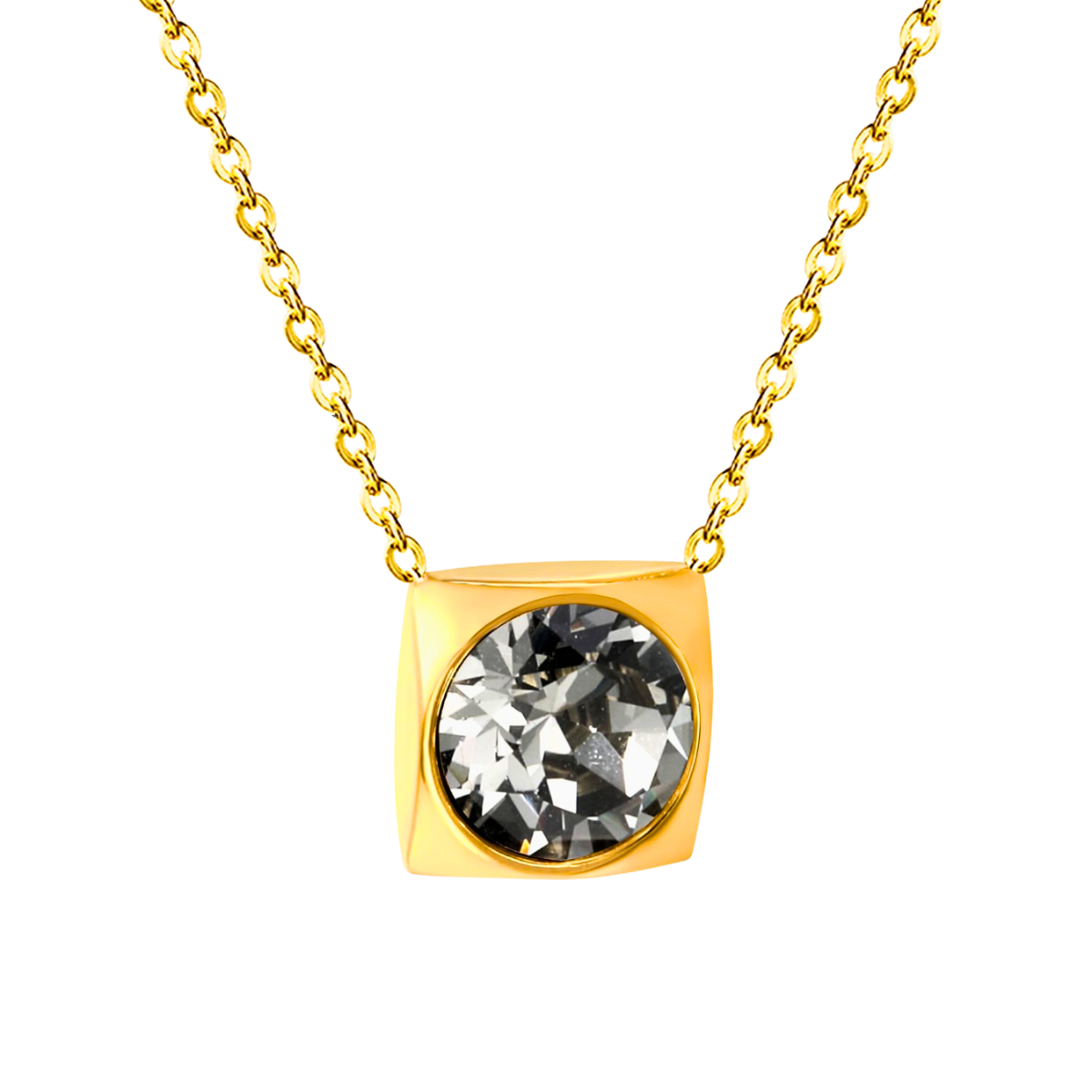 Collier pendentif carré en cristal à facettes gris fumé - 100 % acier plaqué or 18 carats