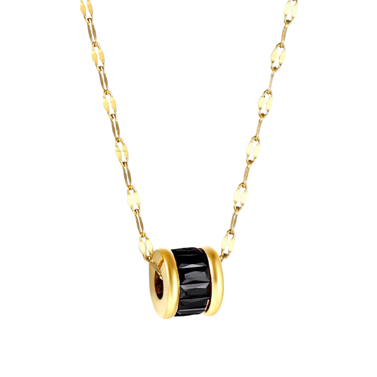 Collier pendentif cylindrique en émail noir avec chaîne à maillons plats - 100 % acier plaqué or 18 carats