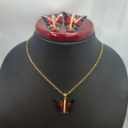 Conjunto Collar y Pendientes de Mariposa con Alas Esmaltadas Rojas y Circonitas - 100% Acero Bañado en Oro 18K