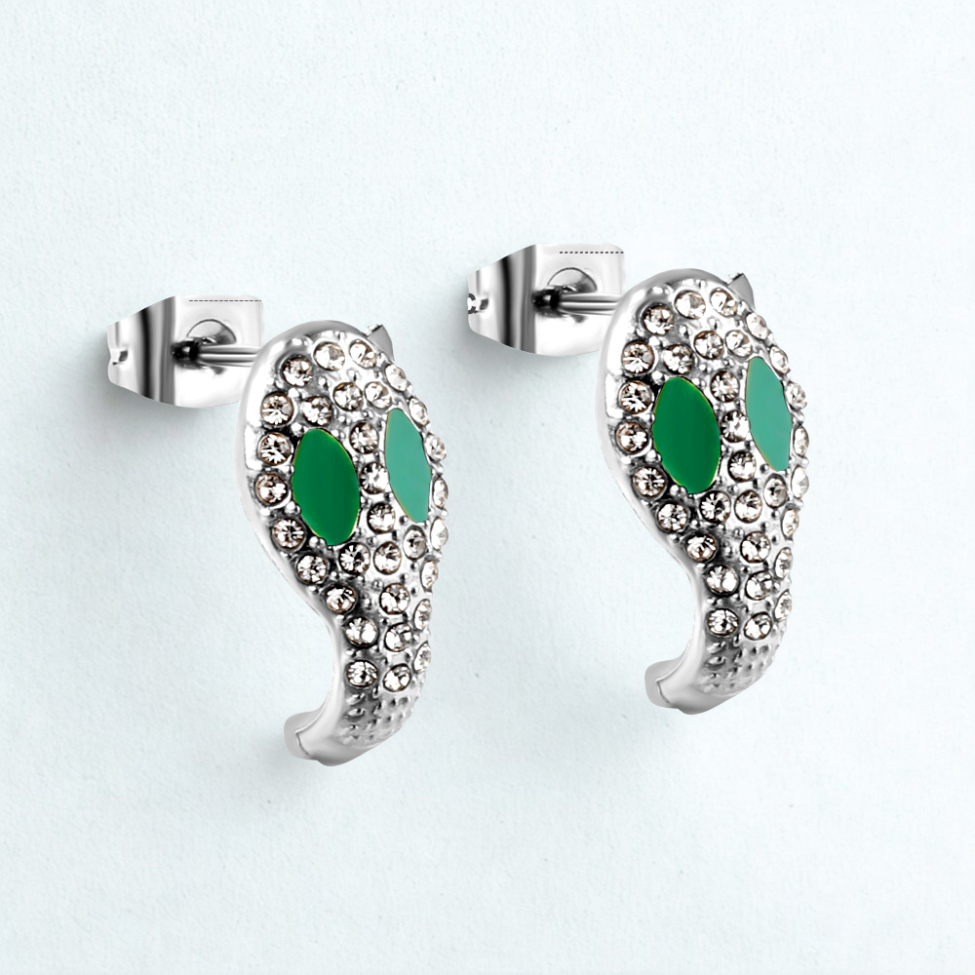 Boucles d'oreilles serpent aux yeux verts et zircone - Acier inoxydable antiallergique