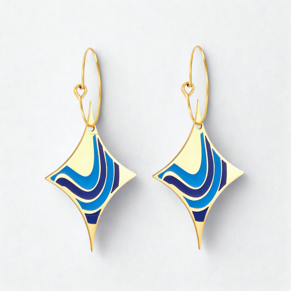 Boucles d'oreilles créoles avec pendentif losange émaillé bleu - Acier inoxydable plaqué or 18 carats