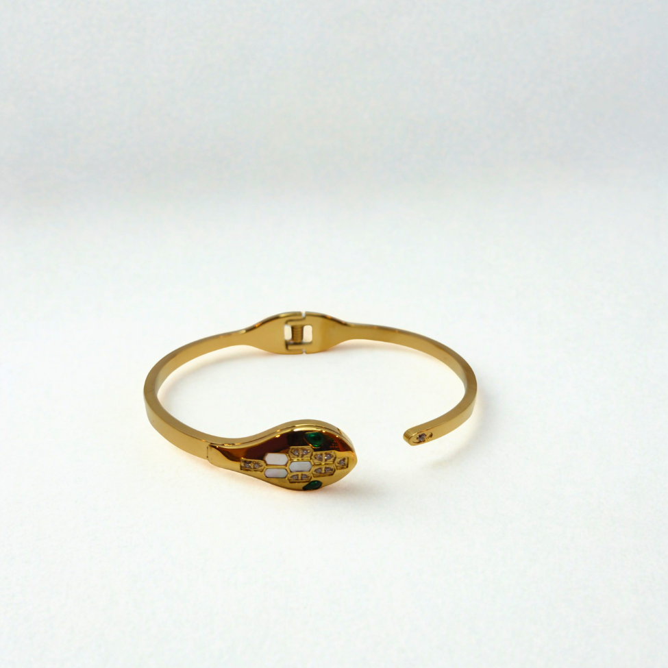 Pulsera Rígida Diseño Serpiente con Esmaltes de Colores y Circonitas - 100% Acero Bañado en Oro 18K